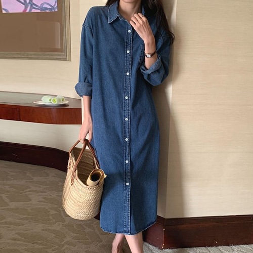 Korean chic autumn simple stand-up collar single-breasted loose shirt dress casual long-length long-sleeved denim dress for women