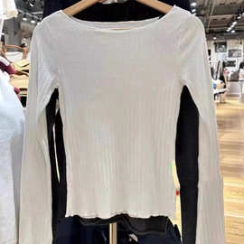 BM风新款一字领卷边白色打底衫长袖T恤女纯欲内搭喇叭袖女上衣秋