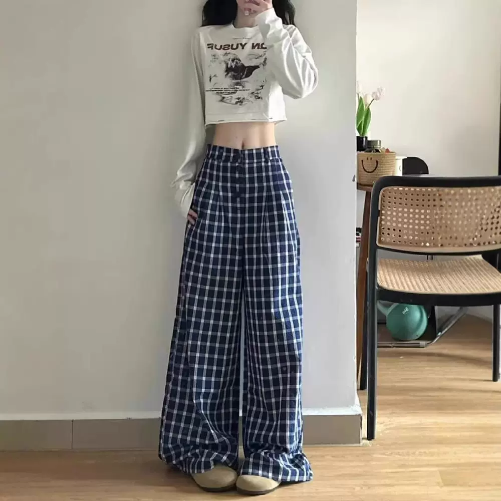 韩系复古蓝色格子阔腿裤女夏季薄款慵懒风休闲高腰宽松拖地长裤子