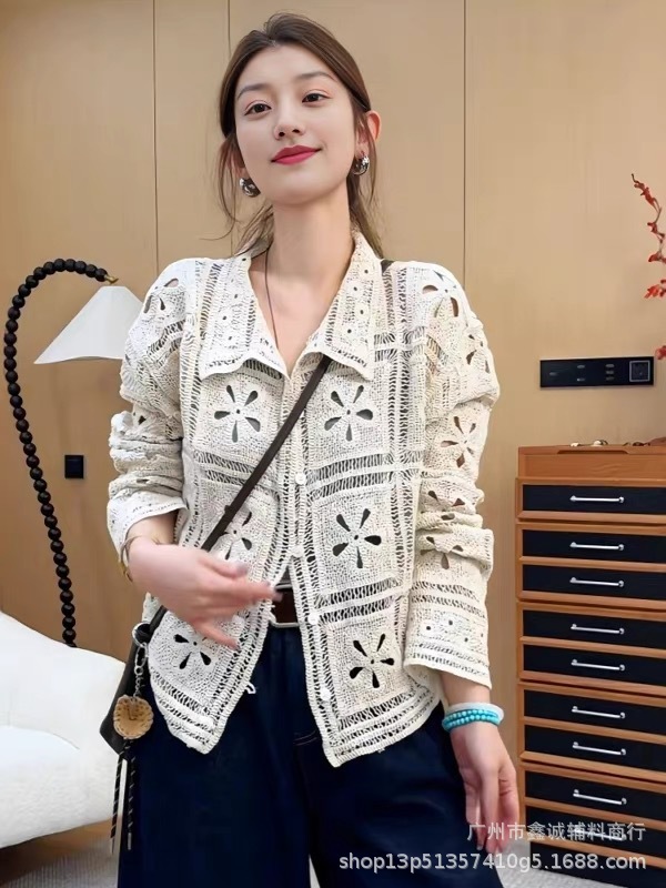 秋季新款极简百搭立体镂空翻领针织开衫女设计感 显瘦外套潮|undefined