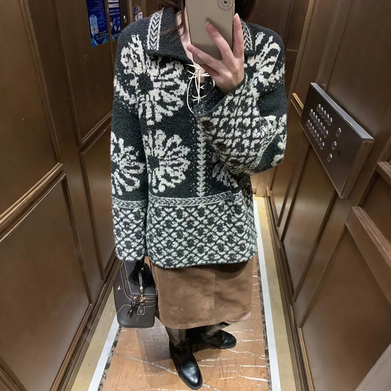 法式小众 2025早春复古提花毛衣宽松慵懒费尔岛绑带翻领毛衫24975