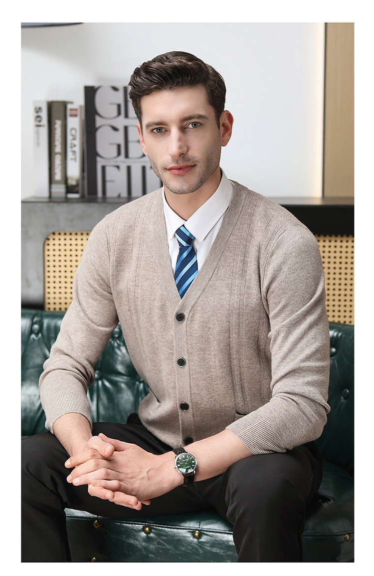 Otoño y invierno hombres de punto Cardigan de mediana edad nuevo negocio Jacquard de manga larga chaqueta casual de punto hombre suéter delgado