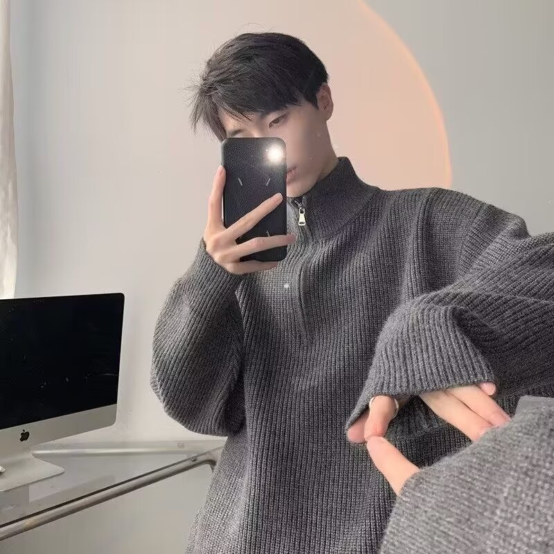 Japanese solid color base trend knitted sweater with zipper