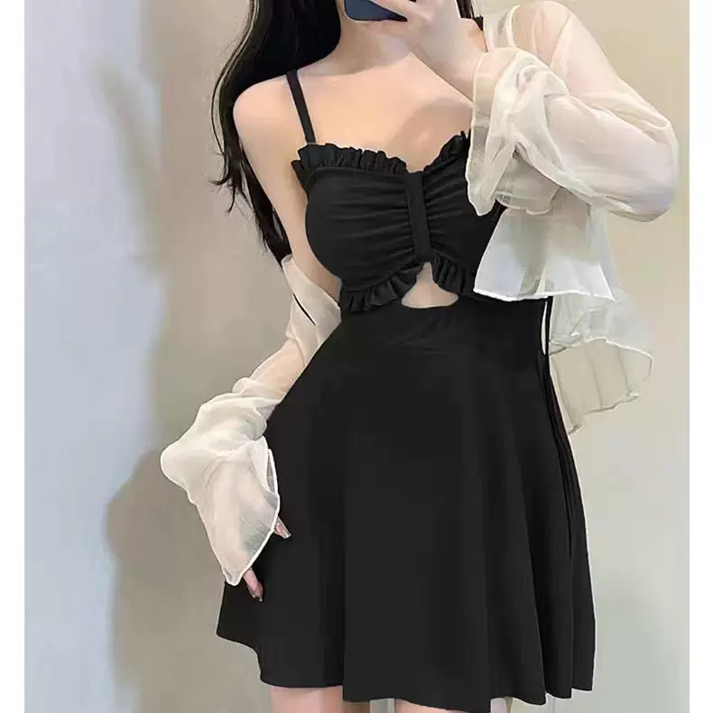 泳衣可调节肩带两件套牛油果绿女性感新款保守显瘦连体泡温泉泳装