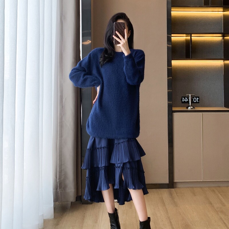 高端名媛蓝色毛衣裙高级时装套装女2025新款秋季小个子穿搭一整套|undefined
