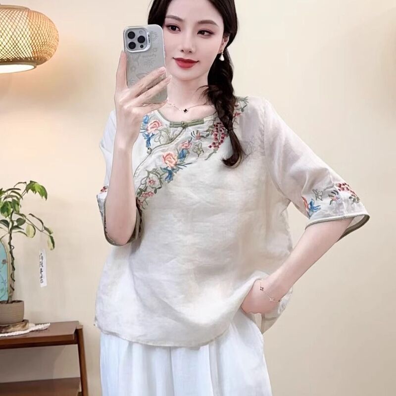 新中式民族风棉麻中袖上衣夏季新款设计感重工刺绣T恤文艺复古女|undefined