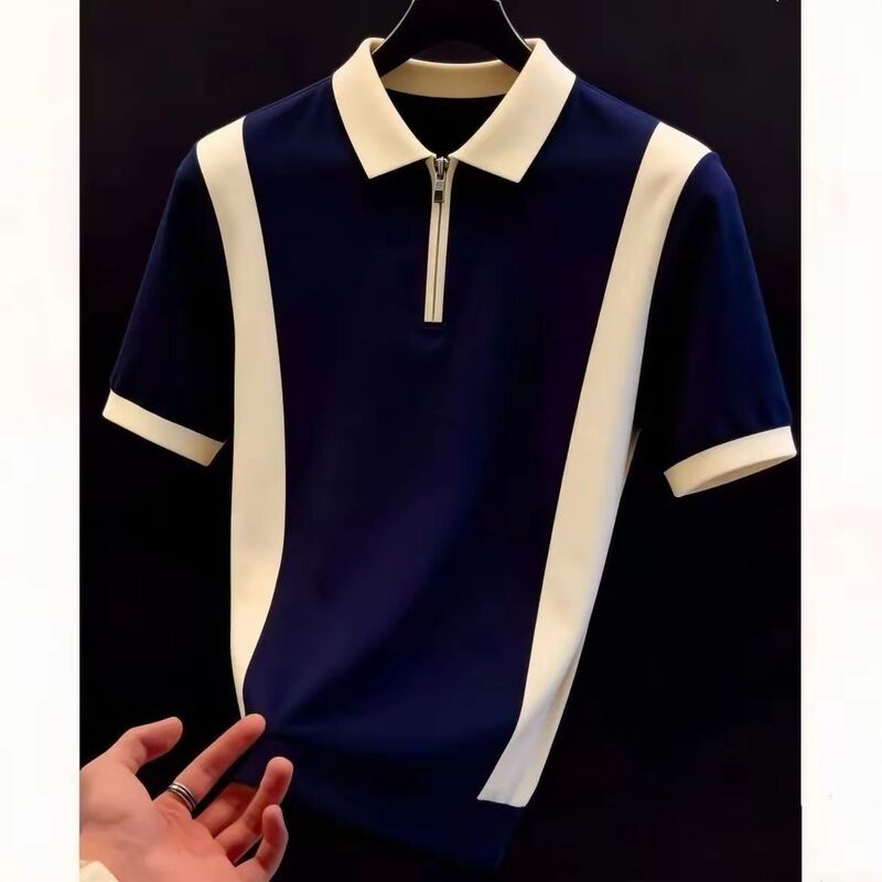 Summer Fashion Trend Color-Blocking Half-Zip Short-Sleeve T-Shirt for Men, Luxury High-End Collared Top, Business Polo Shirt Summer Fashion Trend Color-Blocking Half-Zip Short-Sleeve T-Shirt for Men, Luxury High-End Collared Top, Business Polo Shirt