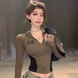 美式运动拉链立领上衣女秋季纯欲辣妹短款长袖恤修身打底衫内搭