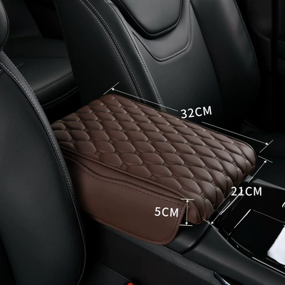 Car Armrest Box Heightening Pad Armrest box pad - large-brown-with-storage-side-pocket-medium-thick-style