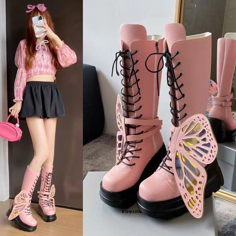 Demonia Thick Bottom Women's Boots 2024 New European and American Punk Style Personality Butterfly Wedge Thick Bottom High Boots for Women Demonia Thick Bottom Women's Boots 2024 New European and American Punk Style Personality Butterfly Wedge Thick Bottom High Boots for Women
