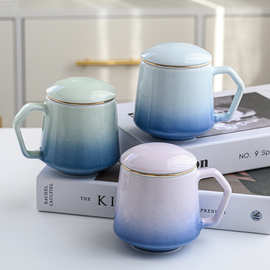 中式陶瓷马克杯办公家用咖啡杯茶水分离花茶杯早餐杯礼品可印logo