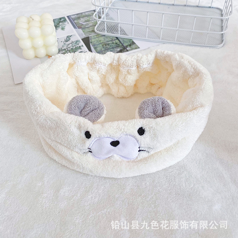 Oso de dibujos animados japonés bordado banda de pelo de terciopelo de coral pañuelo para la cabeza femenina lavado de cara SPA yoga felpa accesorios para el cabello de ala ancha