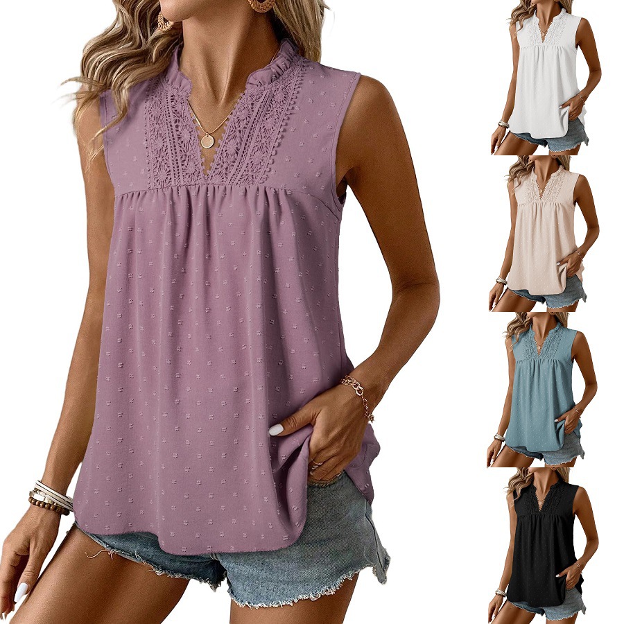 Women's Swiss Dot Lace Trim Sleeveless V-Neck Blouse, Relaxed Fit Breathable Top For Casual & Office Wear_ecoleips.com