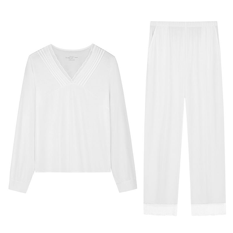 [Aromaterapia de flores de magnolia] Nuevo traje de servicio a domicilio de manga larga con ribete de encaje francés con cuello en V para mujer