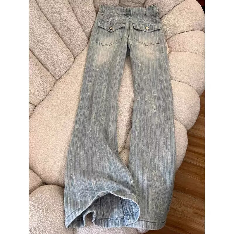 New Harajuku Jacquard Design Flared Jeans for Women, Brandless, Simple, Artistic, Japanese Style, Trendy