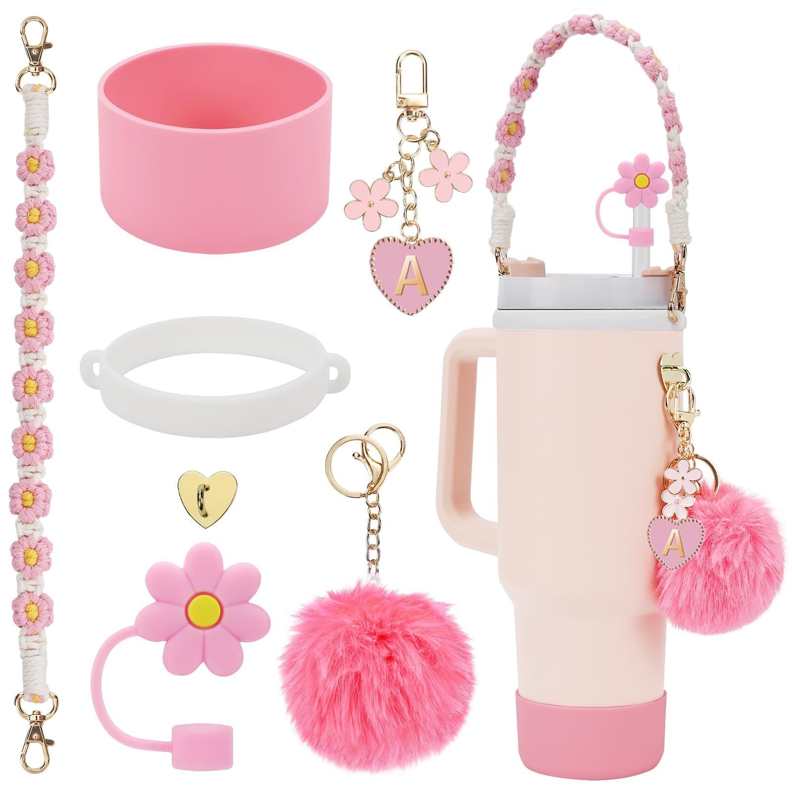 Accesorios de taza Stanley colgante de cuerda de mano flor de silicona gorra de paja de peluche colgante de taza cadena de taza de color cubierta de taza