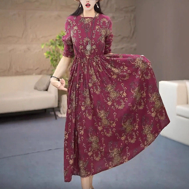 Cotton and Linen Dress, New Autumn Style, Artistic Casual Style, Printed Lace-Up Long Skirt, Elegant and Elegant, Over-The-Knee Mother's Wear