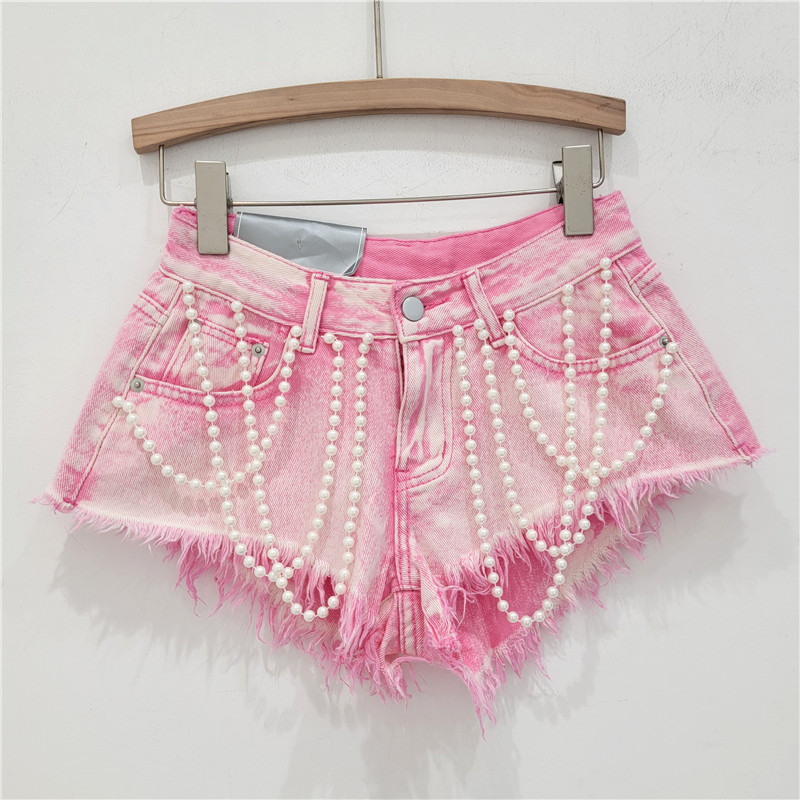 Pantalones Cortos de Mezclilla con Cuentas de Mezclilla con Bordes Deshilachados para Verano