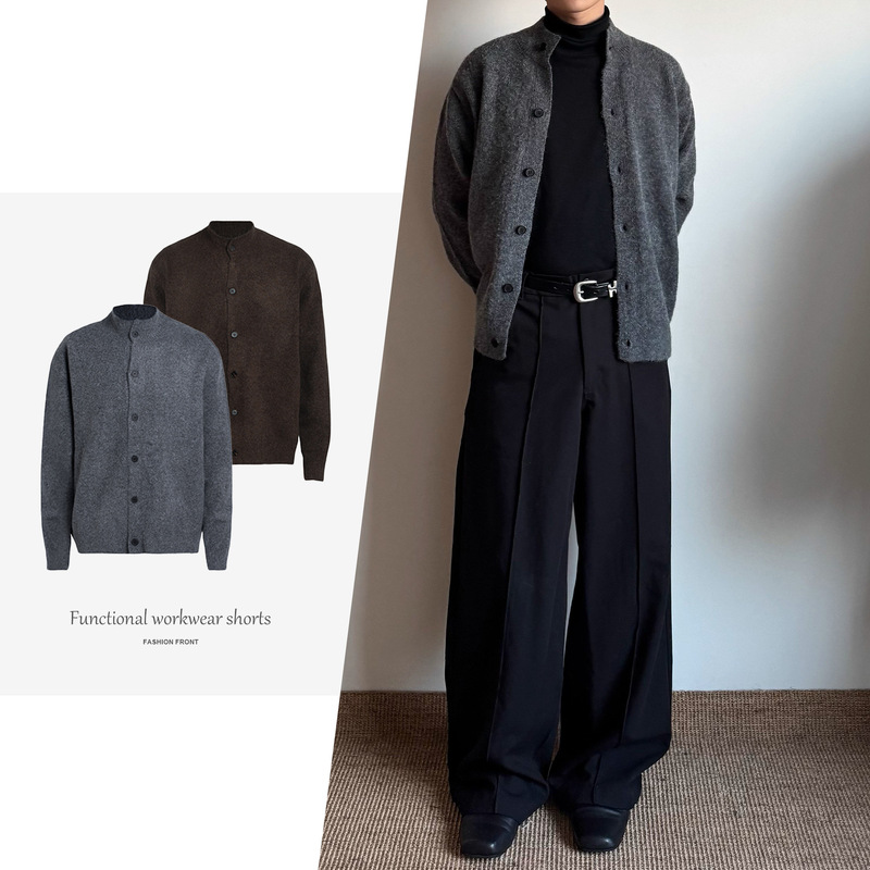 【Csmy】Xanvas Floral Wool Blend Half-Turtleneck Sweater Cardigan in Old Money Brown and Gray, Versatile 【Csmy】Xanvas Floral Wool Blend Half-Turtleneck Sweater Cardigan in Old Money Brown and Gray, Versatile