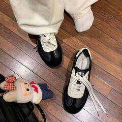 牛皮葡萄妈同款系带拼色圆头百搭休闲运动鞋女真皮板鞋增高德训鞋