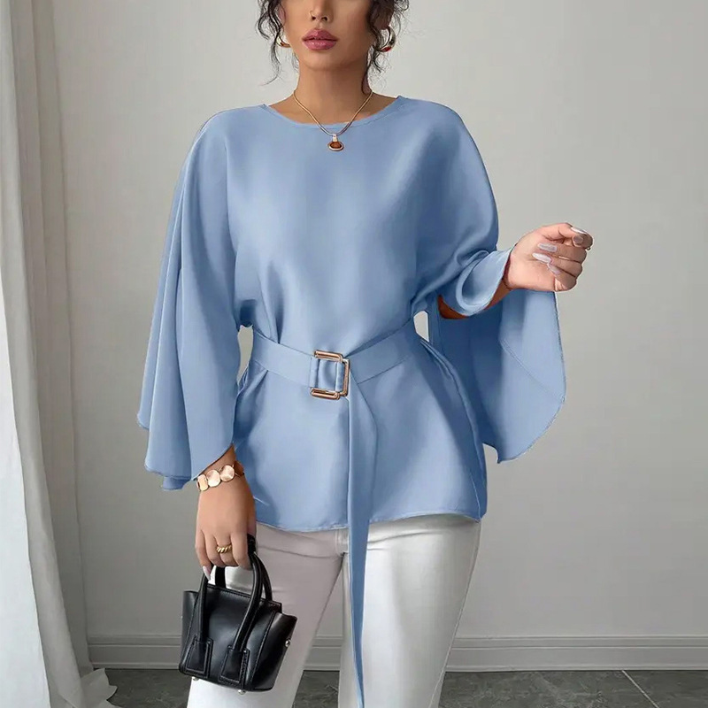 2025 Autumn New Cross-Border Independent Station Wish European and American Elegant Style Solid Color Shirt Bell Sleeve Women's Clothing