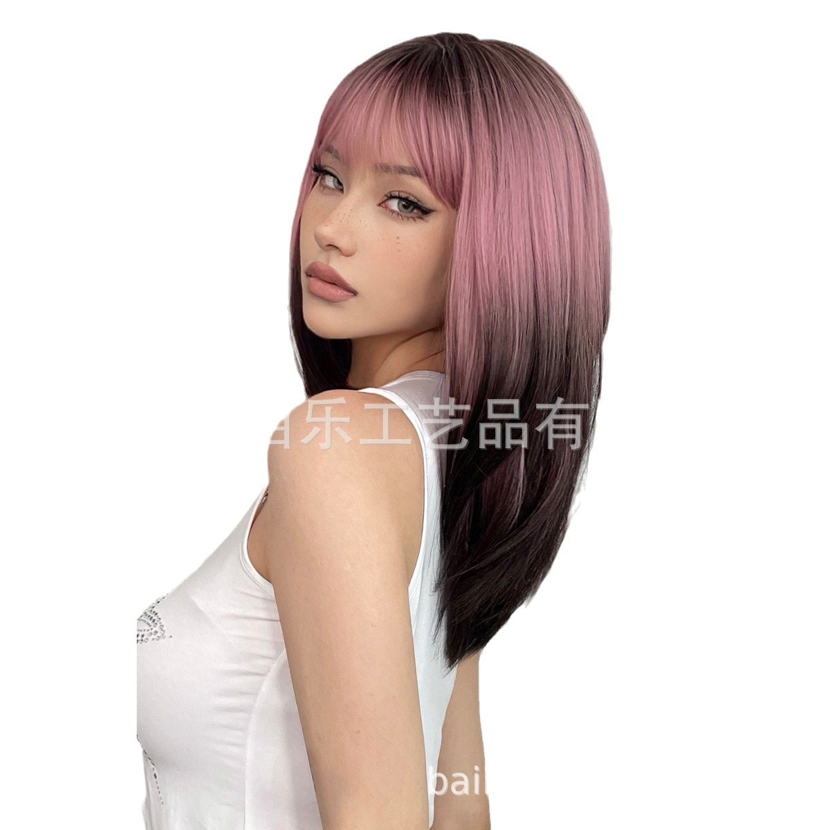 Nuevo negro Rosa flequillo larga recta gradiente de pelo fibra química SEDA NATURAL peluca femenina tocados pelucas fabricante en stock image 6