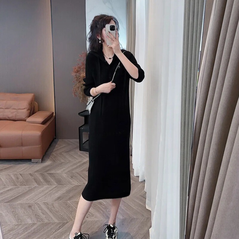 法式复古连帽针织连衣裙女春秋2025新款小个子慵懒宽松休闲毛衣裙|undefined