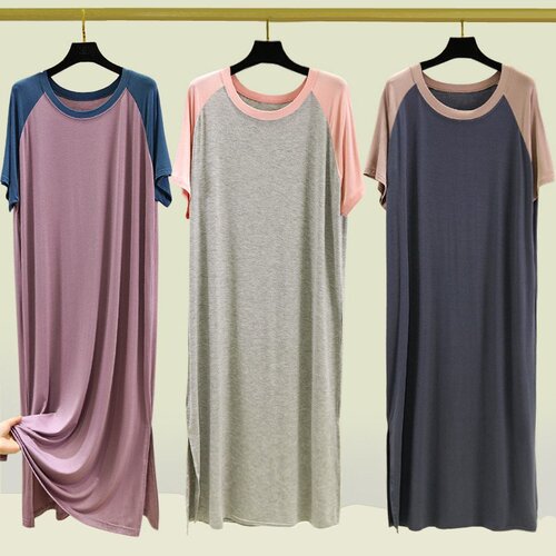 Summer Color-blocked Collared Dress for Women Loose Short Sleeve Long Dress Plus Size Base Layer Skirt Thin Sleep Dress