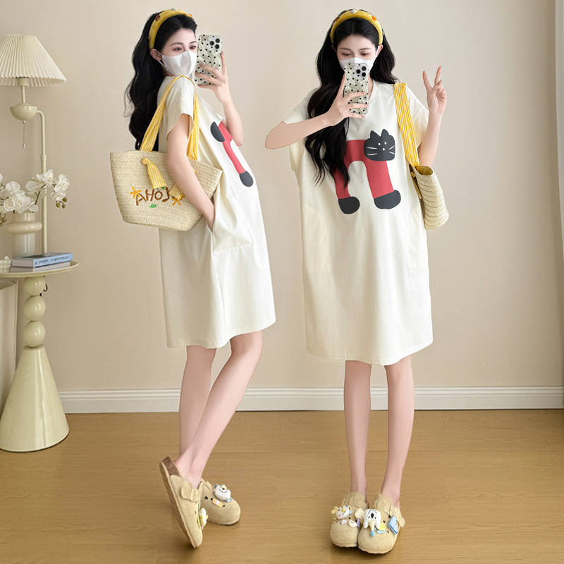 Summer Maternity Wear New Style Plus-Size Short-Sleeve Mid-Length T-Shirt Dress Casual Loose Dress Trendy Mom Wholesale Dropshipping