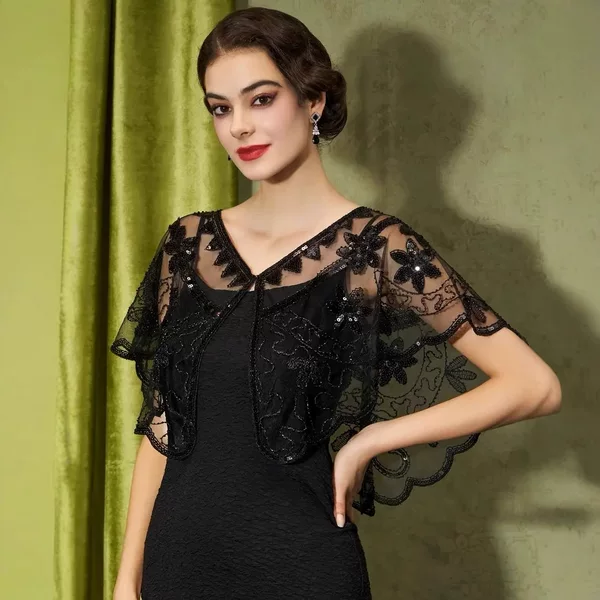 Flower Sequins Retro 20 s Dinner Shawl Beaded Sequins Evening Dress Top Windshield Shawl Party