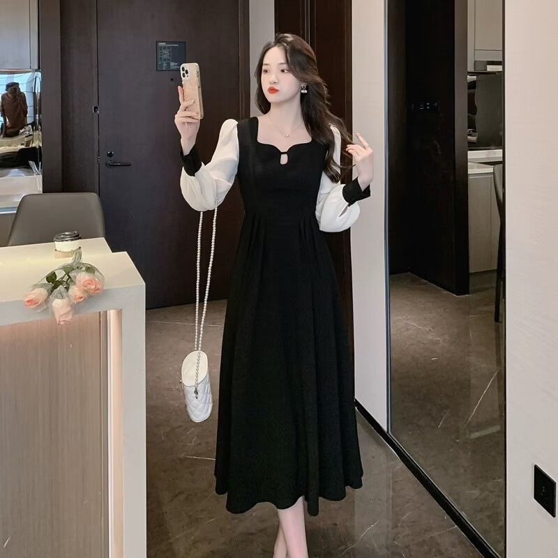 French Tea Break Stitching Contrasting Black Lantern Sleeve Chiffon Square Neck Dress Women's Spring & Fall Long A-Line Skirt
