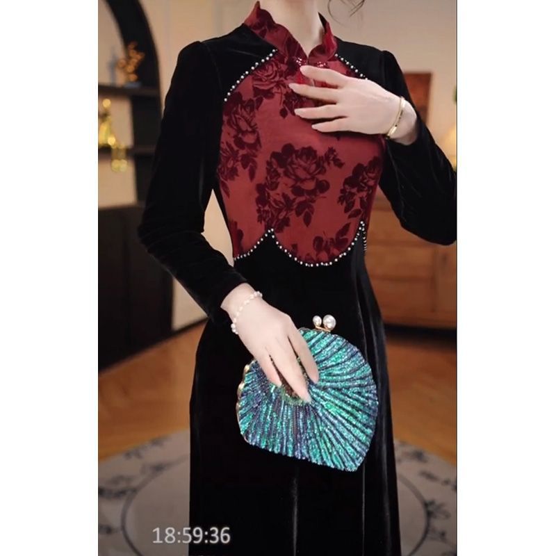 새로운 슬리밍 원피스 여성 가을 겨울 비싼 국가 스타일 스커트 여성 벨벳 개선 청삼 우아한 중국 스타일