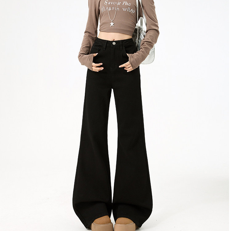 Low-Waisted Straight-Leg Black Jeans for Women, Summer Loose Wide-Leg Denim Flared Pants, Slimming Black Pants for Women