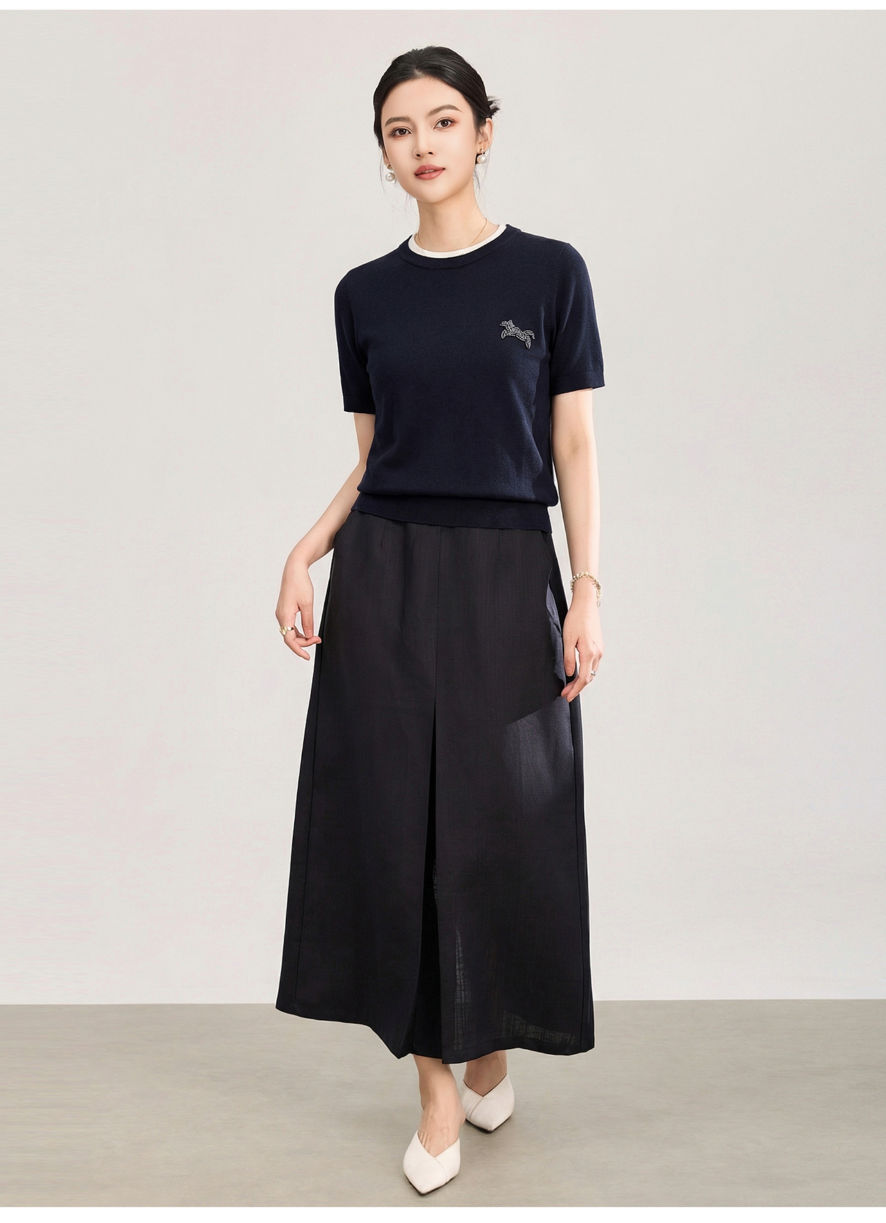Áo thun dệt kim len merino giả hai lớp cổ tròn — màu xanh navy chi tiết 17
