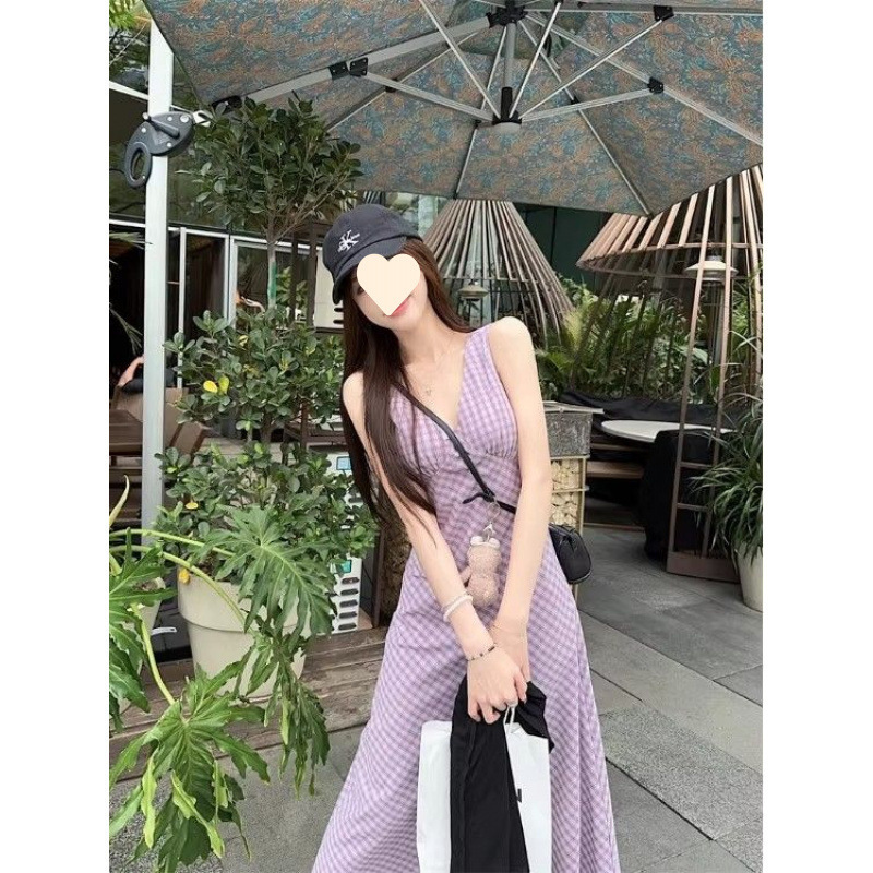 甜辣妹碎花V领无袖连衣裙女2025新款夏季收腰显瘦chic背心裙长裙|undefined