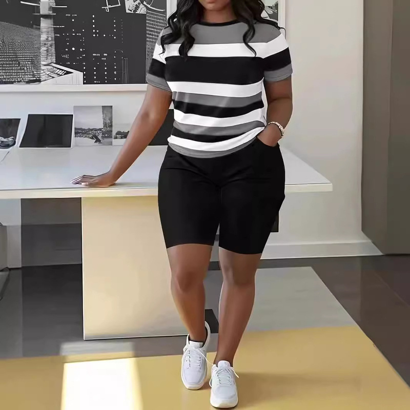Cross-Border European and American Plus Size Women's T-Shirt Suit Stripesd Pullover Short-Sleeved Letter 3D Printed Shorts Suit
