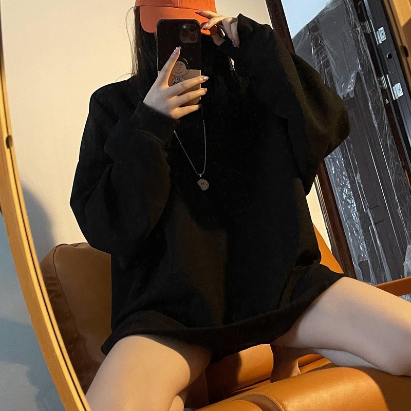 华夫格长袖卫衣女薄款秋季宽松大码显瘦小众设计感外套女装上衣|undefined