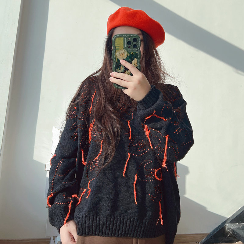 Nanyou Mq Mcqueen Style Loose-Fitting Sweater for Women, Fine Wool with 3D Pattern, Versatile Long-Sleeve Thick Crew Neck Sweater, Lazy Style