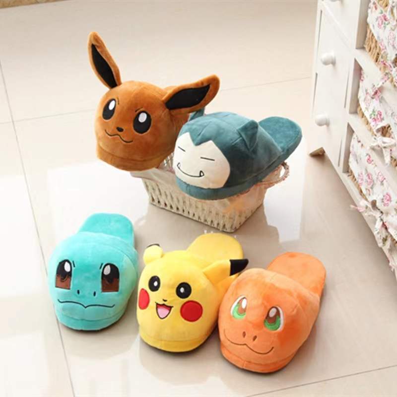 Spot Pokemon Pikachu plush cotton shoes light velvet overtoe slippers sewn shoes parent-child couple fluffy slippers