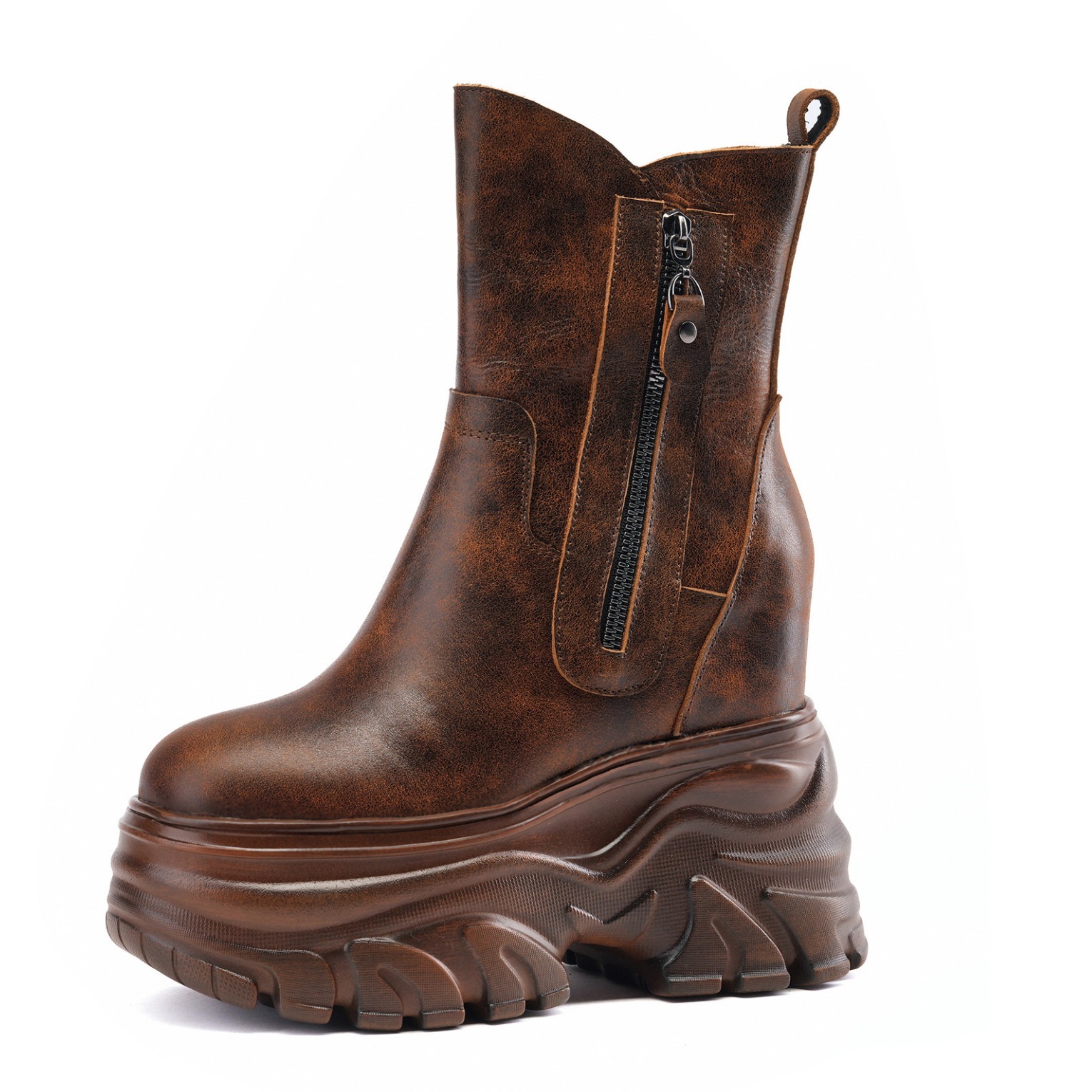 Boot nữ cổ thấp đế tăng chiều cao 14 cm phong cách cổ điển, dáng ôm chân, mũi tròn — Lót nhung đen