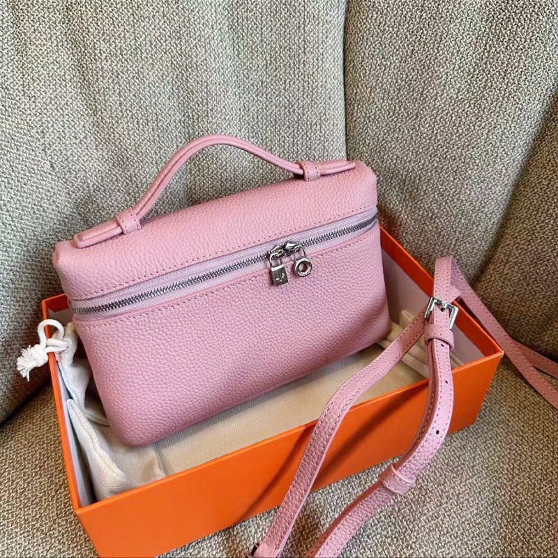 Lp19 Lunch Box Bag Genuine Leather Women's Bag Shoulder Crossbody Handbag Macaron Color Series Lychee Pattern Cosmetic Bag