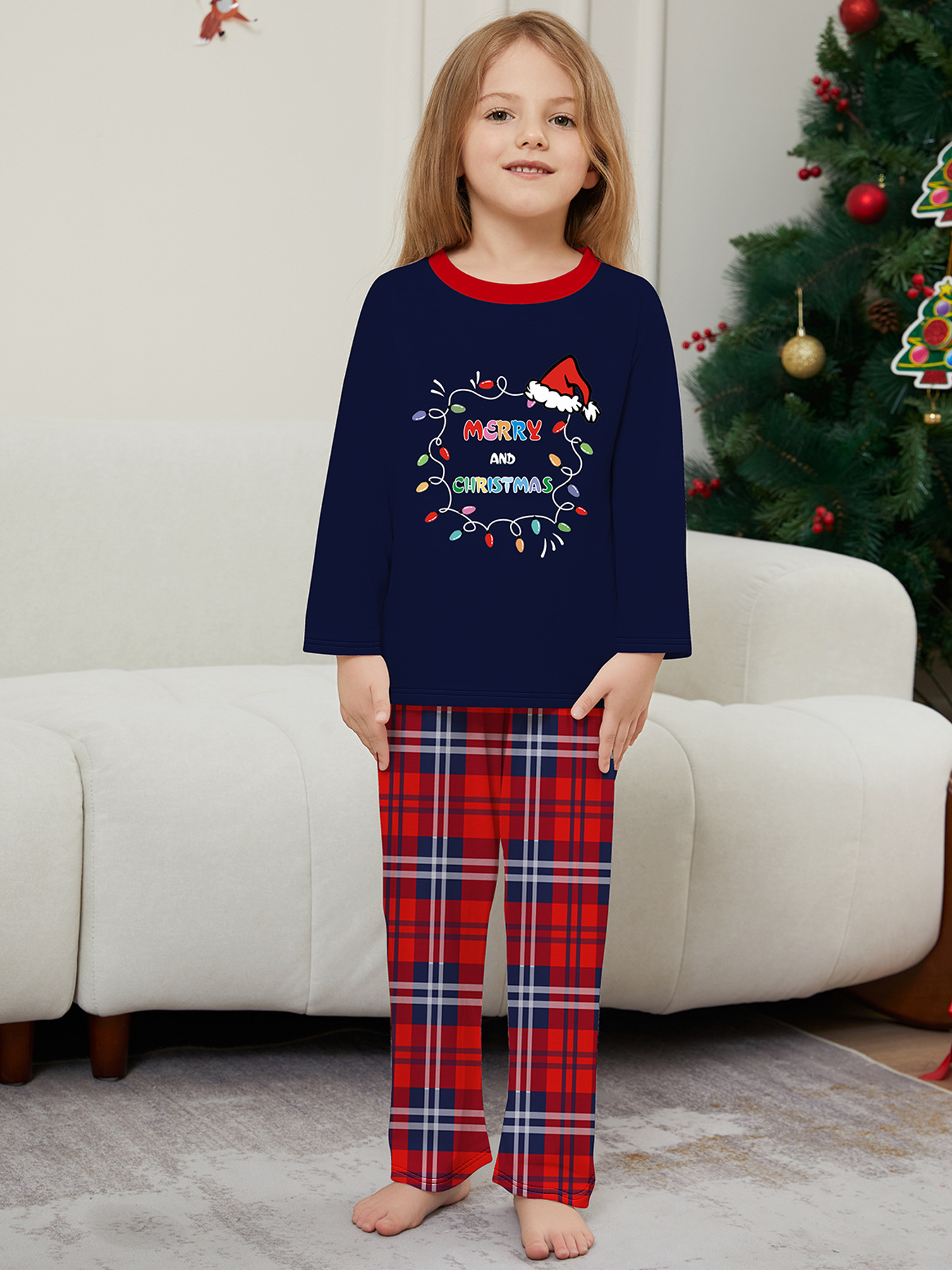Chapeau de Père Noël alphabet lumineux avec vêtements de famille de Noël imprimés vêtements de maison pyjamas_voghion.com