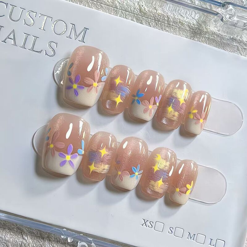 Spring Oil Painting Monet's Garden Wearable Nails Short Colorful Cloud Rainbow Manicure Atmosphere Cat Eye Short Style Whitening