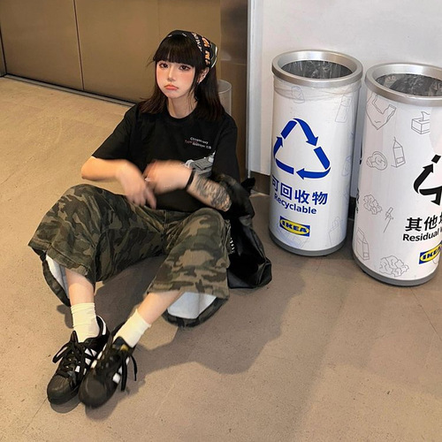 Vintage American Camouflage Wide-Leg Work Pants for Women - Spring and Autumn High-Waisted Loose Straight Leg Casual Seven-Sixth Pants