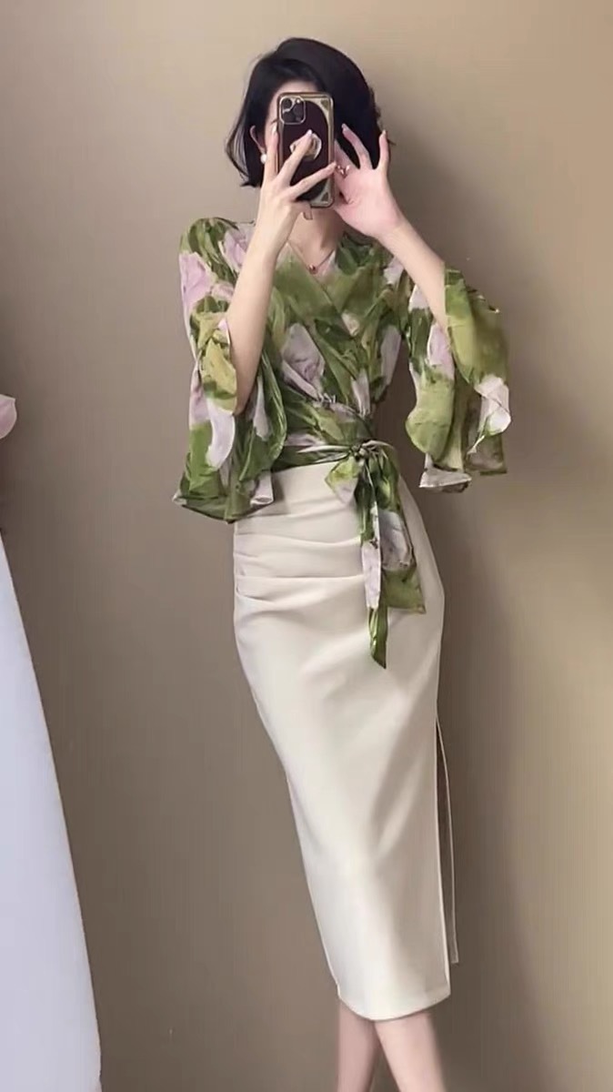 Set áo sơ mi hai mảnh váy liền nữ thần khí chất mùa hè — Áo xanh + váy trắng chi tiết 3