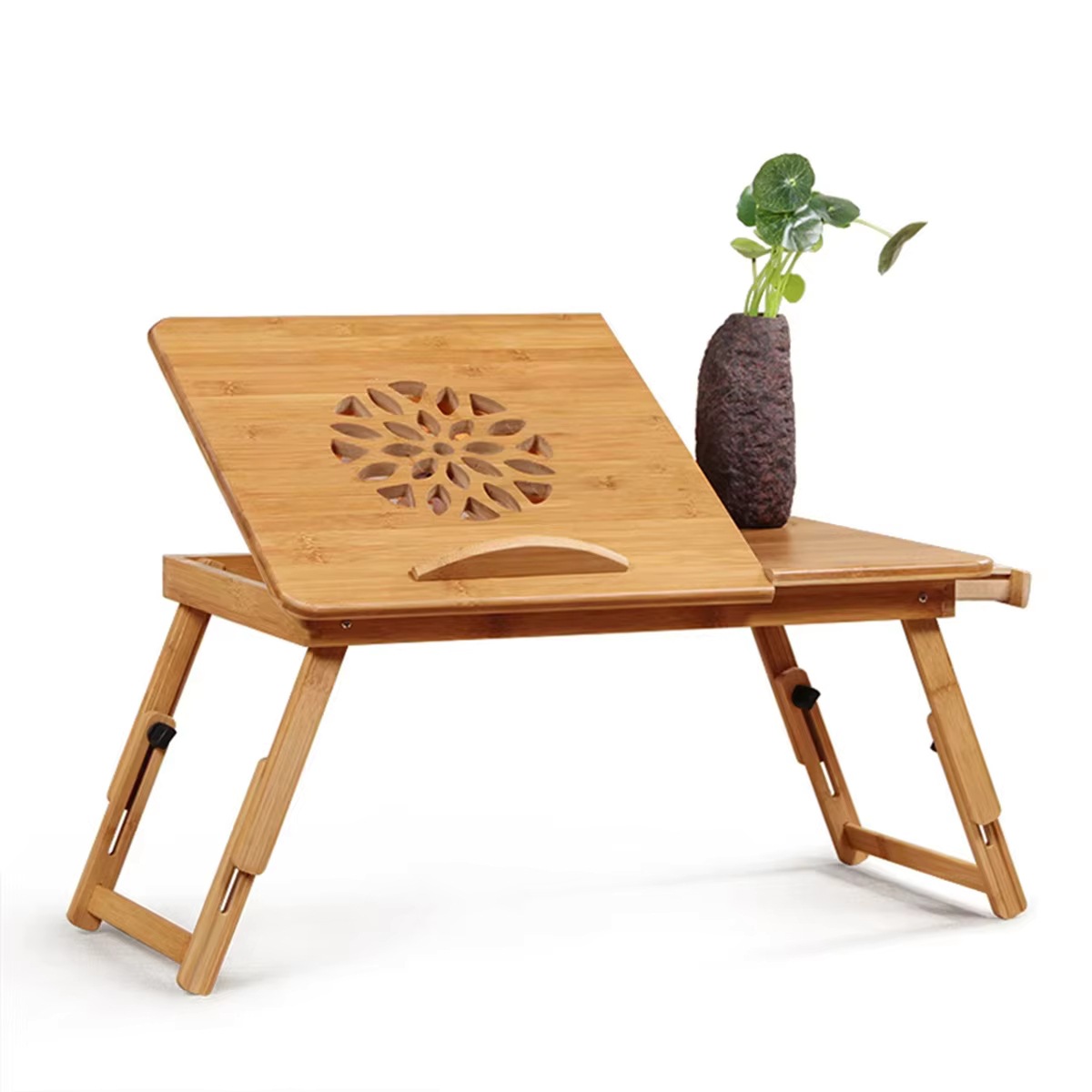 Mesa de computadora portátil plegable multifuncional Lotus ajustable y duradero pequeño cajón de bambú portátil para estudio y oficina