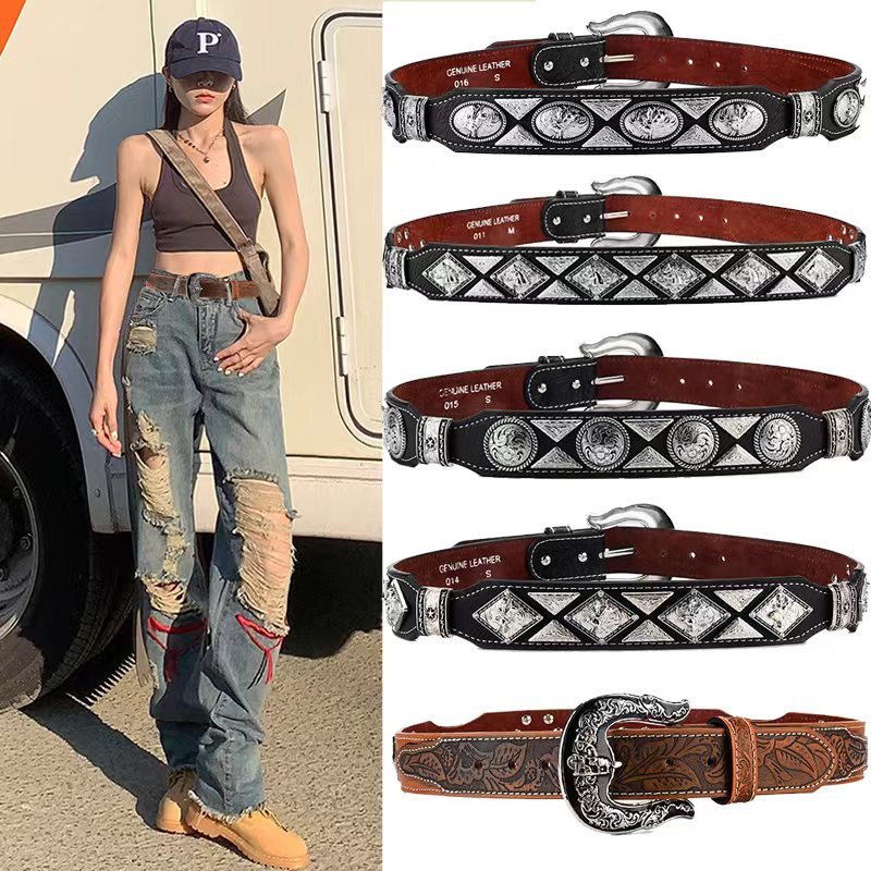 Cinturón de mujer cinturón hecho a mano estilo denim hebilla cuero genuino primera capa cinturón de vaca hombres y mujeres pantalones vaqueros a juego