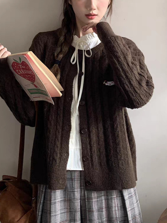 腊肠狗刺绣麻花毛衣开衫女2025早秋新款复古宽松慵懒针织上衣|undefined