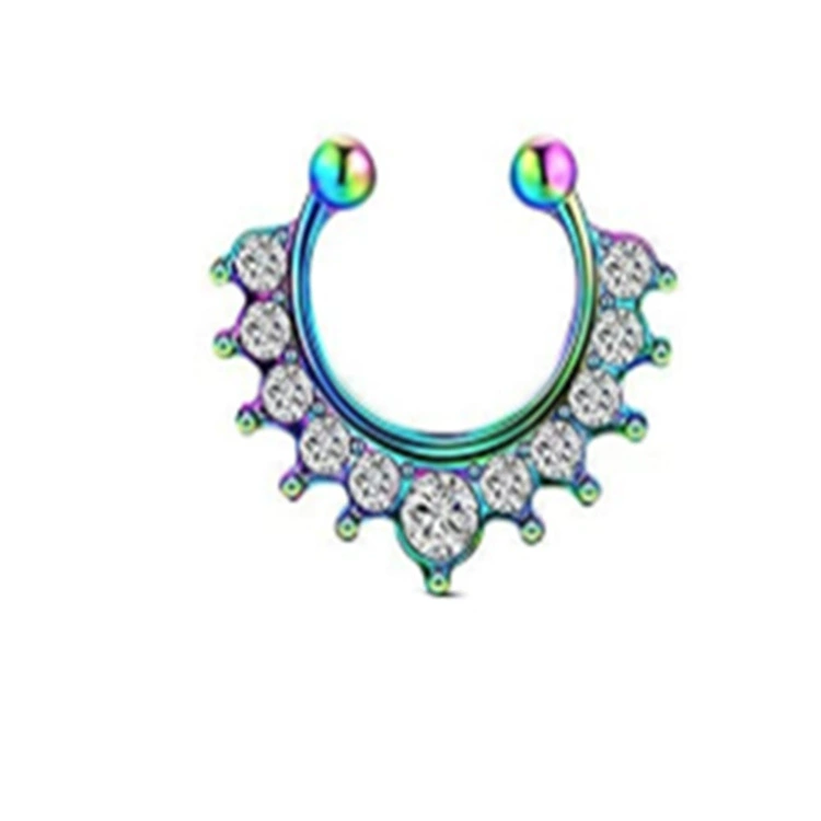 Metal nose clip piercing, alloy with rhinestones, 17×15 mm, lightweight 1,2 g