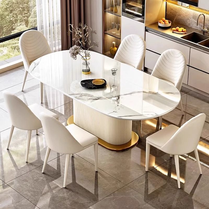 Cream-Colored Slate Dining Table for Home Use, Suitable for Small Apartments, Light Luxury Dining Table and Chair Set for 6-8 People, Oval-Shaped Luxurious Furniture Cream-Colored Slate Dining Table for Home Use, Suitable for Small Apartments, Light Luxury Dining Table and Chair Set for 6-8 People, Oval-Shaped Luxurious Furniture